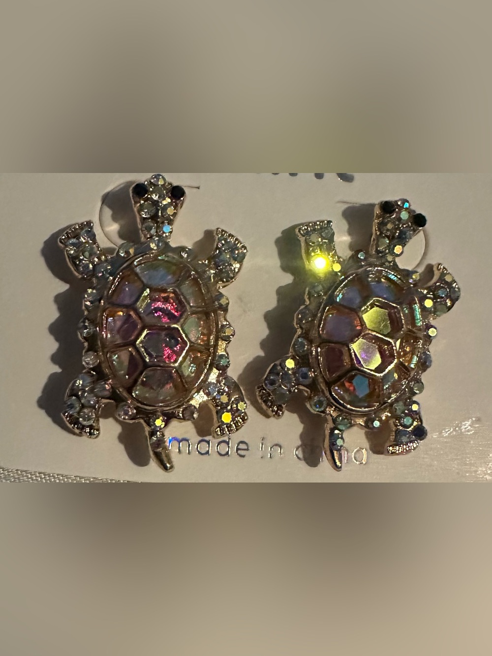 Iridescent Turtle Earrings  Gold Tone
